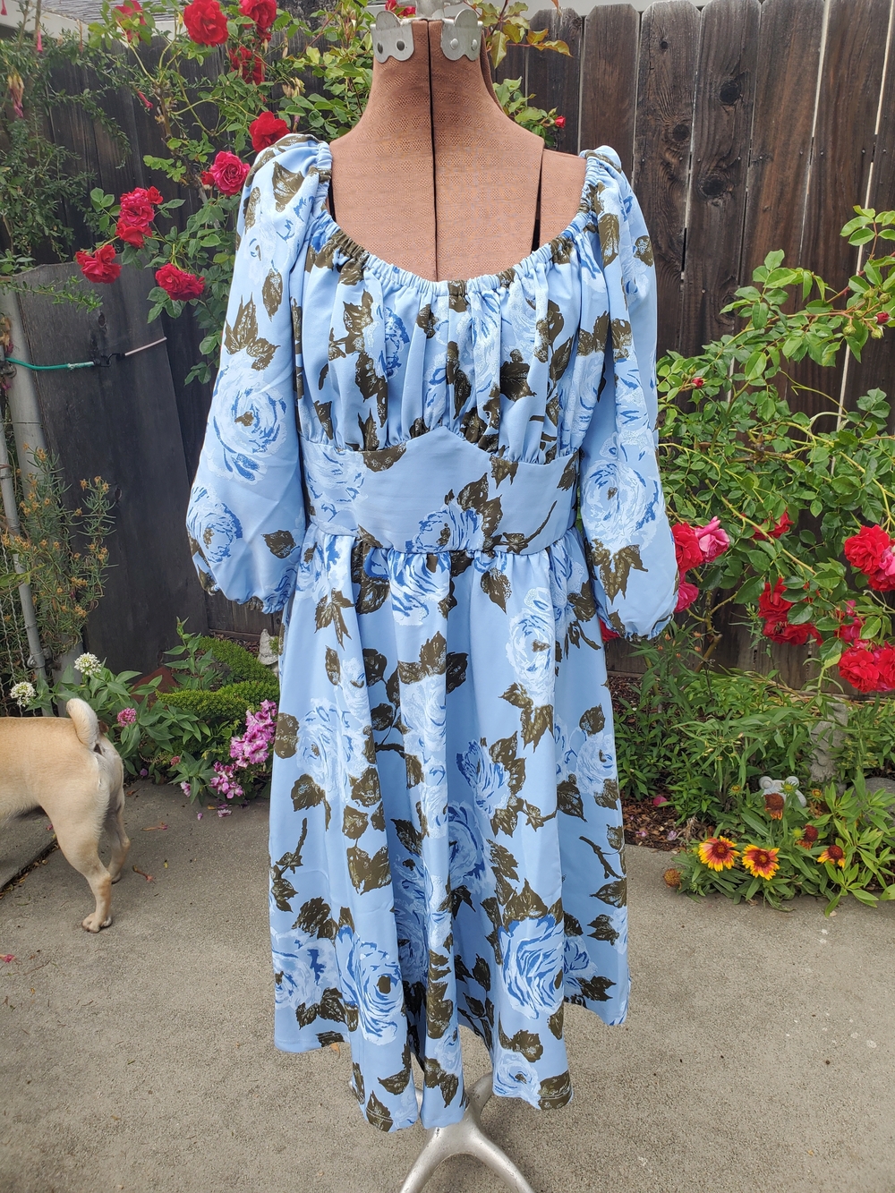 Light Blue Floral Puff-Sleeve Midi Dress